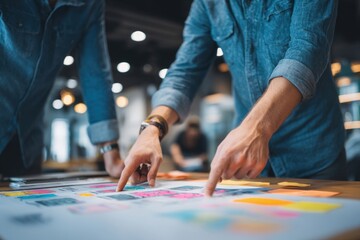 Coworkers analyzing colorful UX wireframes during creative planning session in modern tech startup office