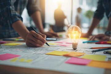 Creative UX design team brainstorming ideas with sketches, sticky notes, and light bulb in bright modern workspace