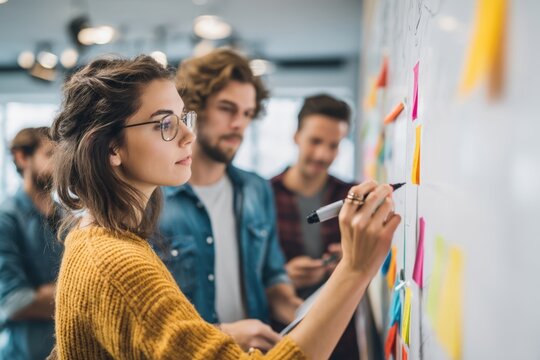 Creative team brainstorming with colorful sticky notes on whiteboard during planning session in modern office workspace