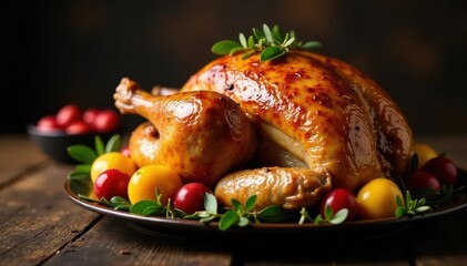 Whole roasted turkey & fruit stuffing, dark background, Christmas setting , festive, banner