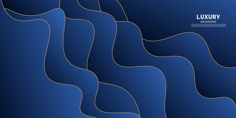 Realistic abstract blue wave background. Simple wave shadow pattern with golden lines. Vector eps10