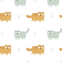 Cute pattern with funny cats and hearts on a white background