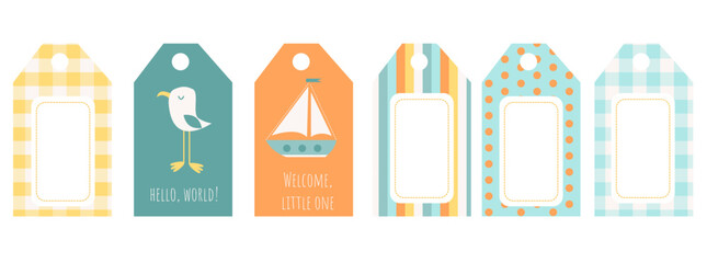 Set of cute marine-themed baby tags with different designs