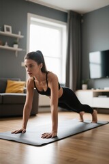 woman doing a plank on a yoga mat in a living room