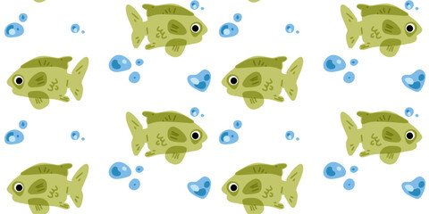 Cartoon Green Fish Seamless Pattern. Repeating aquatic background with bubbles in flat underwater style.