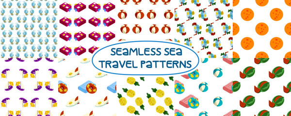 Seamless Sea Summer Pattern Collection. Set of 10 seamless patterns on the sea travel theme. Includes beach balls, pineapples, luggage, ice cream, drinks, fruits, and inflatable toys. Bright cartoon f
