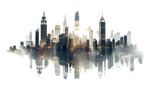 A panoramic city skyline with a reflection, perfect for urban and architectural themes.