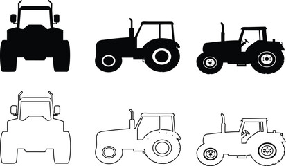 Farm tractor silhouette and outline icon set in black vector for agriculture and farming design.