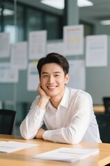 smiling man sitting at a table with papers and papers on it