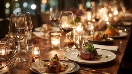 Romantic Dinner Setting Elegant Table Decor with Candles and Wine Glasses Delicious Steak Dinner