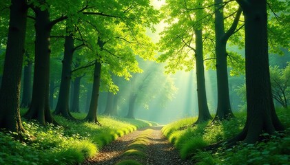 Obraz premium Serene forest background, lush green canopy, dappled sunlight, tranquil nature scene , wallpaper, shadow