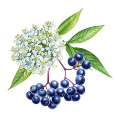 Watercolor illustration of elderberry with white flowers and green leaves, hand drawn botanical medicinal plant