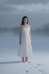 arafed woman in white dress standing in snow with trees in background