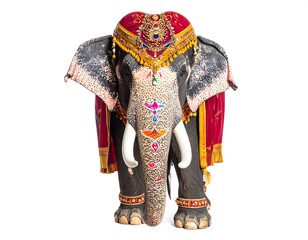 Naklejka premium Decorated animal statue against a white backdrop showcasing intricate ornaments and vibrant colors. Front view highlights festive attire and detailed craftsmanship