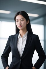 arafed woman in a black suit standing in a room