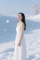 araffe woman in white dress standing in snow with snowflakes in background