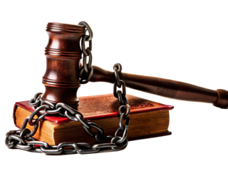 Gavel breaking metal chain around antique book, symbolizing freedom of thought, expression and information isolated on white background  PNG 