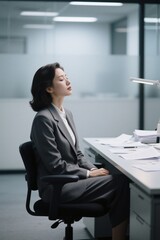 woman sitting at a desk with her eyes closed and her head resting on her desk