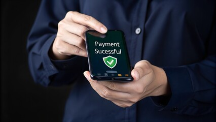 Successful payment confirmation in online digital banking. A person holds smartphone displaying Payment Successful message, with icons representing online transactions, financial technology, fintech