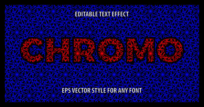 Editable vector text effect with red pattern on blue background. Optical illusion with chromostereopsis depth.