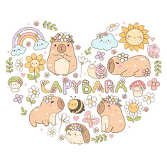 Capybara Flower Crown Heart Illustration, Cute Pastel Animal PNG, Groovy Rainbow Bee Mushroom Floral Aesthetic Art