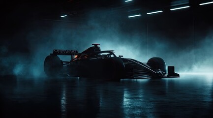 Sleek, dark Formula 1 race car sits in a dimly lit garage, shrouded in bluish-grey fog, reflecting on the polished floor