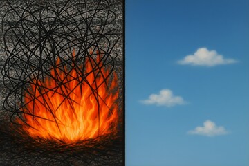 Dual Reality Concept Art - Chaos and Calm Split Panel with Fire, Scribbles, and Blue Sky with Clouds