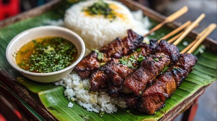 Delicious Grilled Meat Skewers Served with Rice and Aromatic Sauce on Banana Leaf
