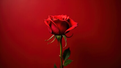 Single red rose against a deep crimson background.
