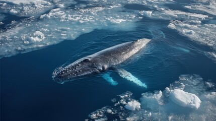 Majestic Humpback Whale Swimming in Arctic Ocean Waters near Icebergs
