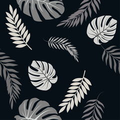 Dark seamless pattern with gray tropical leaves. Moody and stylish foliage design.