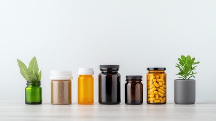 Dietary supplement containers positioned on clean white surface, representing wellness approach with natural health support products