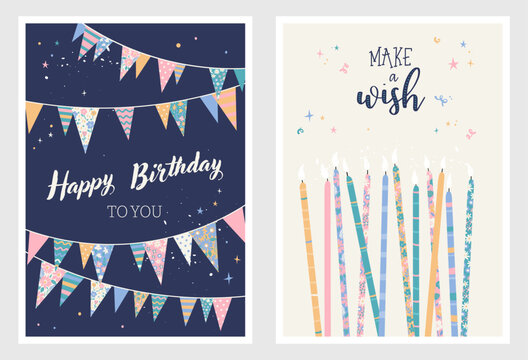 Set of birthday postcards with garlands, candles and fun hand writing. Invitations, happy birthday. Vector templates great for card, poster, flyer or banner