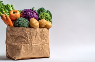 Brown paper bag filled with assorted fresh produce.