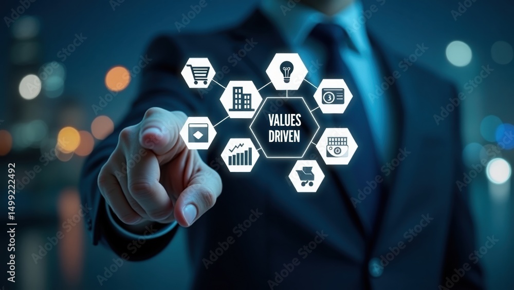 Poster businessman interacting with a values-driven interface.