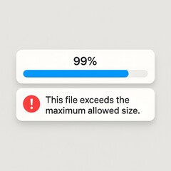 Upload Error Concept - File Transfer Fails at 99% with Message "File Exceeds Maximum Allowed Size", Digital Communication Limit, Data Overload, File Sharing Problem UI Illustration