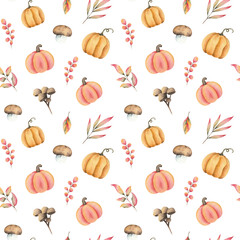 pattern with watercolor pumpkins and mushrooms