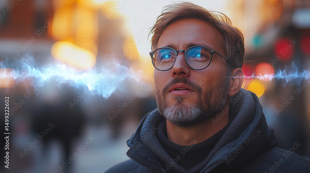 Aufkleber a man stands in a bustling city street, lost in thought as he interacts with voice control features.