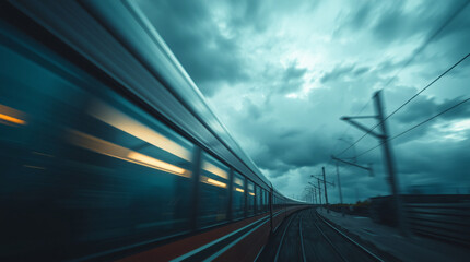 A high-speed train moving through a tunnel with blue and yellow lights, creating a sense of motion.