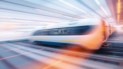 Fototapeta premium A high-speed train moving through a tunnel with blue and yellow lights, creating a sense of motion.