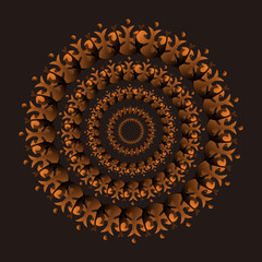 Mandala Abstract Design with Golden Orange Symmetrical Pattern on Black Background