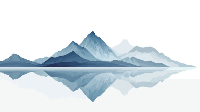 The image presents a stylized illustration of a mountain range reflected in a body of still water. The style is minimalist and abstract, employing a limited palette of blue hues ranging from deep
