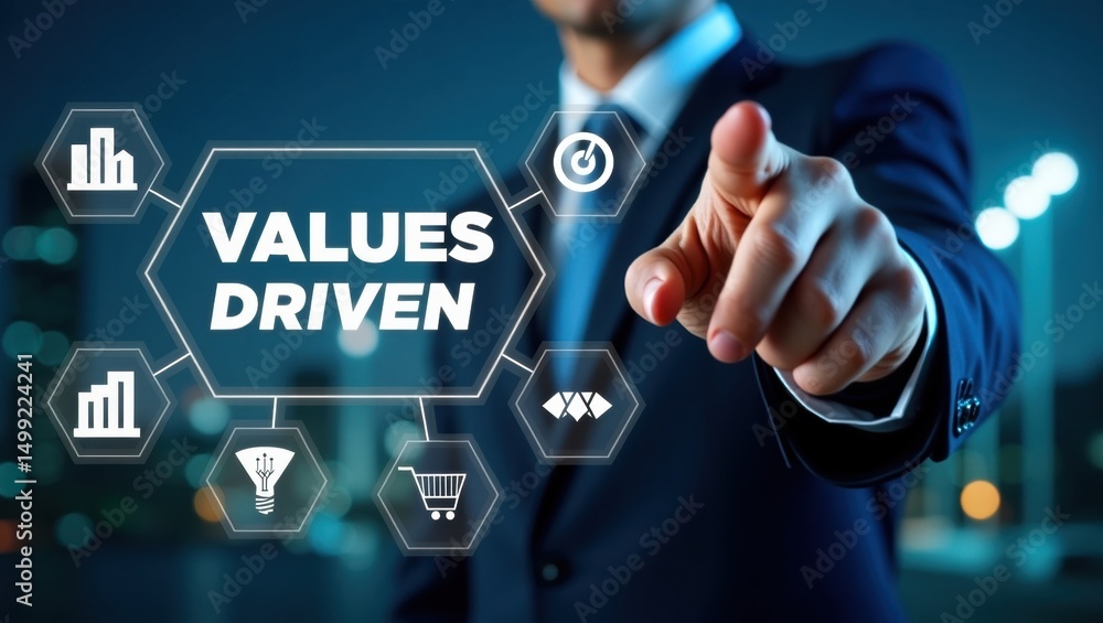Poster businessman points to a values-driven interface.