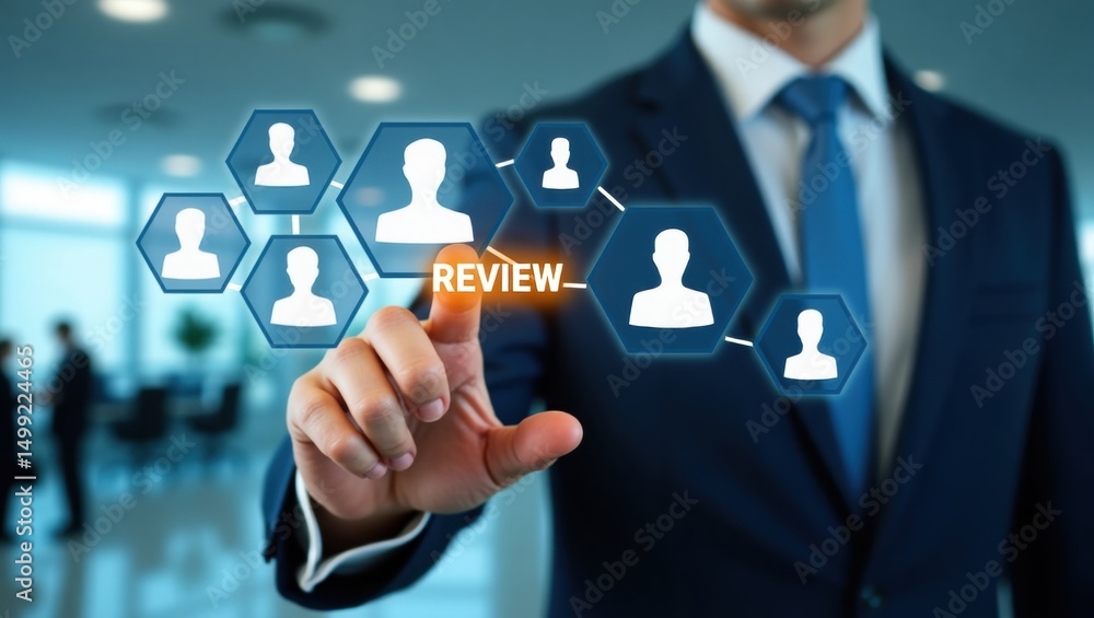 Poster businessperson interacts with a network of user icons displaying the word 