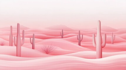 Naklejka premium Serene Pink Desert Landscape with Stylized Cacti and Dunes
