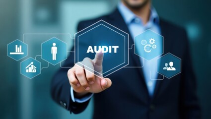 Businessman pointing at a digital audit interface.