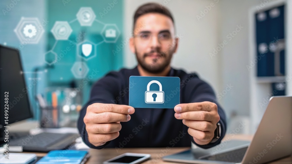 Poster a man holds a digital security card with a padlock icon, symbolizing cybersecurity and data protecti