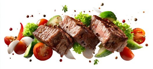 Grilled beef with fresh vegetables in motion.
