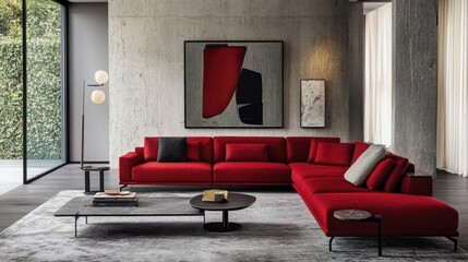 Modern living room with red sofa