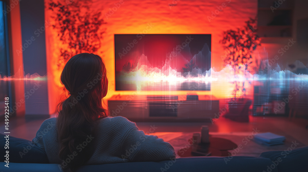Poster In a modern living room illuminated by warm hues, a woman sits on a couch, focused on a television displaying captivating sound graphics. She interacts with the system using voice control.